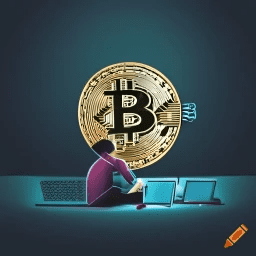 Persona con ordenadores trabajando y simbolo bitcoin